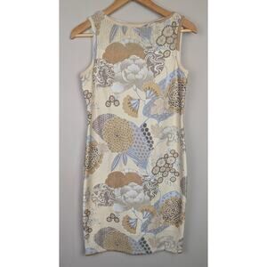 St. John Collection Knit Floral Print Dress w/ Perforated Detail Cream 2